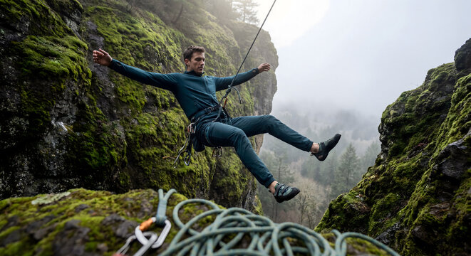 Rock climber rappelling between mossy cliffs in misty mountain canyon