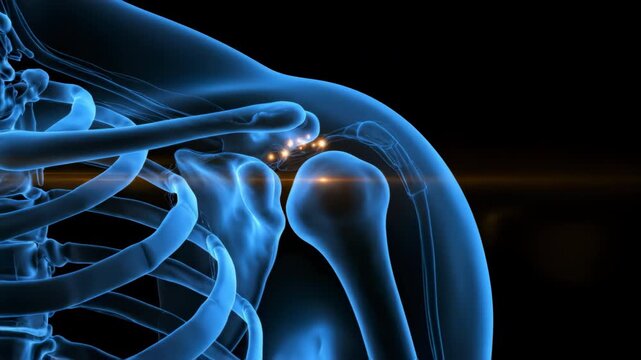 Blue translucent shoulder joint illustration shows bones and orange highlights.