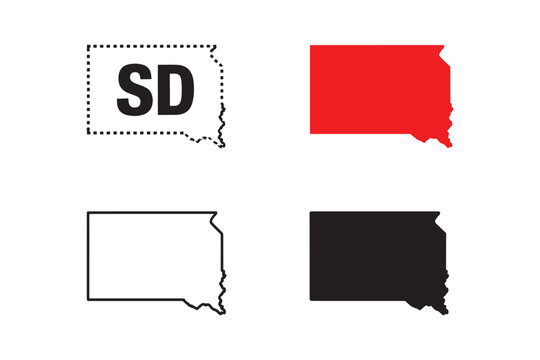 Four distinct South Dakota state outlines presented in different styles including a dashed outline with text SDa solid red outline a thin black outline and a solid black silhouette on a white