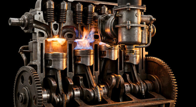 Cutaway internal combustion engine with visible pistons, gears, and combustion flame
