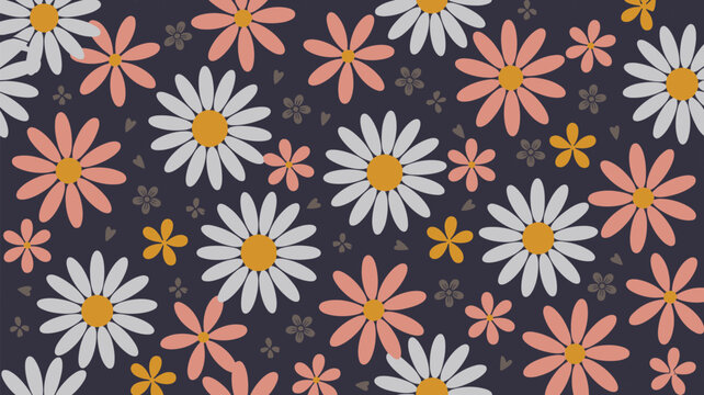 Retro Daisy Flower Pattern on Dark Background floral
