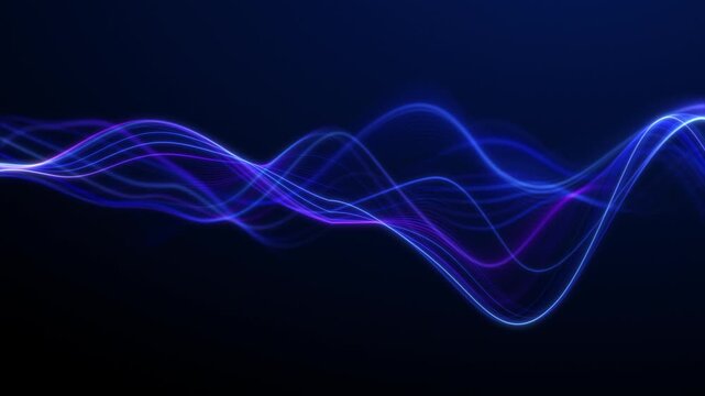 Looping 3D background animation. Abstract neon background with blurred glowing wavy lines in blue. Digital sound waves. information transmission deep blue background. Blue wave animation background 