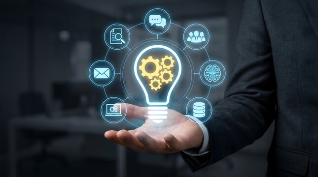 Knowledge management and business intelligence sharing. Knowledge base and enterprise search tool. Businessman holding lightbulb and gear icons.