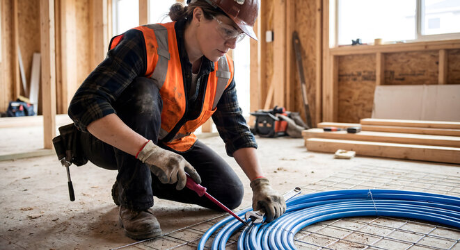 Female construction worker installing radiant floor heating pipe in unfinished home