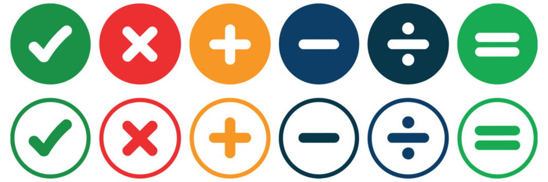 Colorful round math symbols collection, featuring addition subtraction multiplication division and equality signs, clean modern vector design for educational tools apps websites and classroom resource