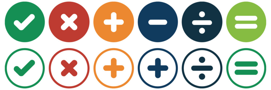 Colorful circular symbols representing basic arithmetic operations and equality, vibrant math icons set with plus minus multiply divide and equals signs, modern flat design for education apps 