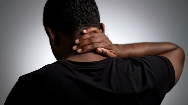 Dark-skinned man holds the back of his neck with his hand