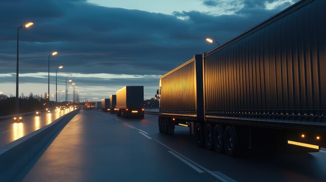 Several semi trucks transporting cargo on a multilane highway during evening rush hour, illuminated by streetlights and vehicle headlights, creating reflections on the wet road