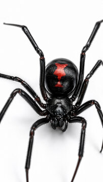 Black Widow Spider: A striking macro shot of a black widow spider with its iconic red hourglass marking, showcasing the intricate details of its body and legs in a stark and arresting composition.