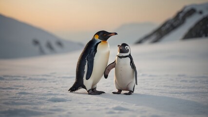Fototapeta premium Dos pingüinos caminando sobre la nieve en un paisaje polar de la Antártida