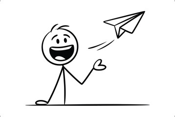 Obraz premium Happy stick figure cartoon character throwing a paper airplane, symbolizing new ideas and communication.