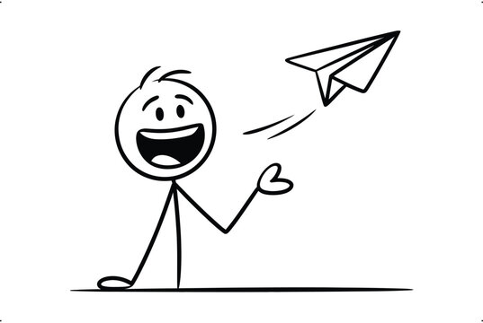 Happy stick figure cartoon character throwing a paper airplane, symbolizing new ideas and communication.