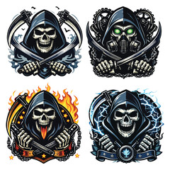 Fototapeta premium Hooded Grim Reaper Badges Set with Scythes, Chains, Flames, Lightning