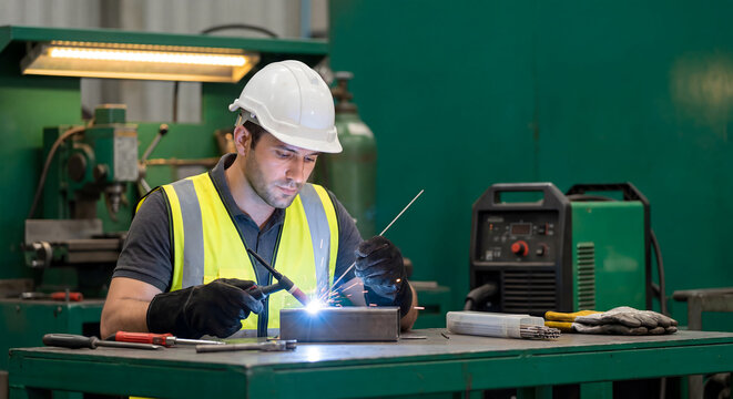 Welder in hard hat and safety vest TIG welding metal in industrial workshop