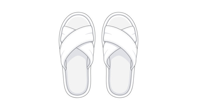 A pair of simple white fabric spa slippers are positioned symmetrically on a flat surface against a clean and bright white background with soft shadows.