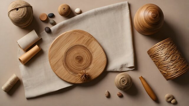 Materiales de costura y artesan&iacute;a natural sobre tela clara con carretes de hilo y botones de madera