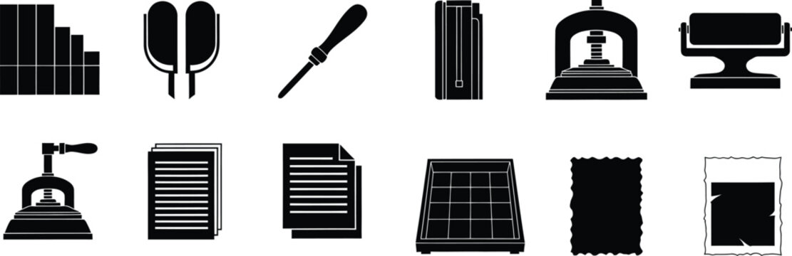 Printing bookbinding equipment icons collection for press design in black