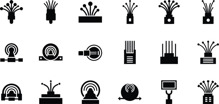 Fiber optic network cable connector icons set in black silhouette style