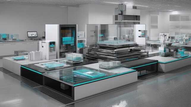 Modern automated laboratory featuring advanced robotics and diagnostic equipment performing intricate tasks for medical research, biotechnology, and clinical analysis