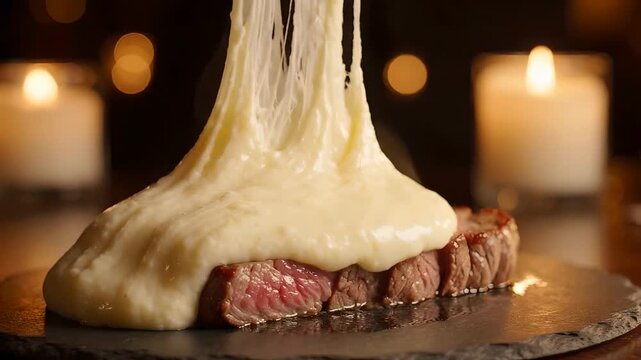 Serving creamy stretchy aligot cheese onto a grilled beef steak in candlelight