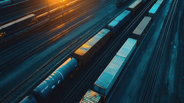 Freight trains with cargo containers and tank cars occupying a busy rail yard and tracks, highlighting global logistics and industrial transportation at dawn