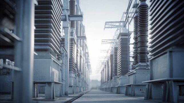 Electrical substation showcasing high voltage transformers and insulators, playing a crucial role in power transmission and electricity distribution infrastructure