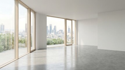 Fototapeta premium Spacious empty modern office space with polished concrete floors and floor to ceiling windows overlooking a scenic city skyline during a bright afternoon
