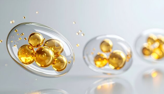 Golden spheres encapsulated in clear ovals, levitating on a light backdrop