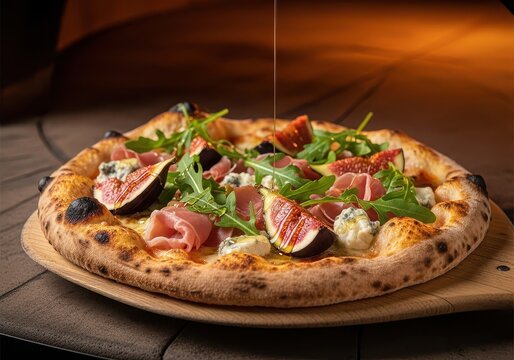 Gourmet fig, prosciutto, and blue cheese pizza with honey drizzle