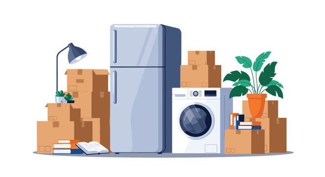 Relocation concept featuring cardboard boxes stacked next to a refrigerator, washing machine, books, and houseplants.