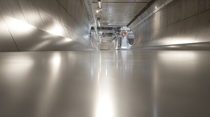 Fototapeta premium Structure featuring smooth concrete walls and a highly polished floor reflecting overhead lights, creating a clean and futuristic ambiance in an architectural passageway