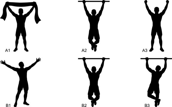 Fitness Man Silhouette Set Featuring Pull Up Exercises and Success Poses for Gym Workout Programs, Calisthenics Training Guides, and Athletic Achievement Branding Designs