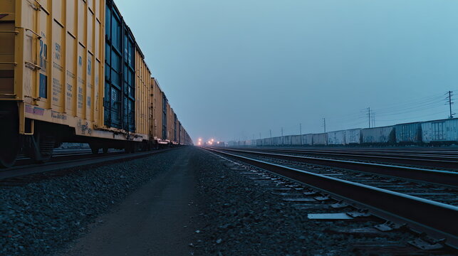 Long lines of cargo trains parked on multiple parallel rail tracks, stretching into the distance during the blue hour with industrial lights glowing in the mist