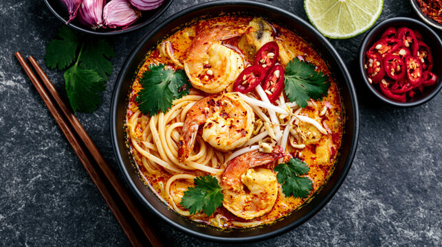 Creamy tom yum goong spicy shrimp Thai soup
