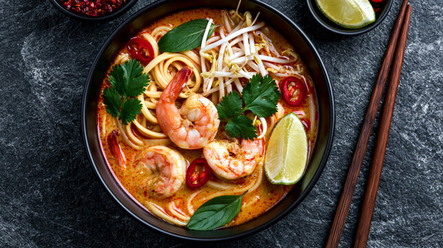 Creamy tom yum goong spicy shrimp Thai soup
