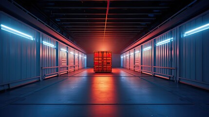Fototapeta premium Single shipping container highlighted by vibrant red and blue neon lights, positioned centrally in a sci fi warehouse corridor, embodying modern logistics and storage concepts