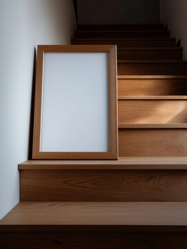 Empty wooden picture frame resting on a modern wooden staircase with natural light