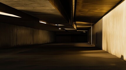 Fototapeta premium Empty concrete tunnel bathed in warm and natural light, textured walls and ceiling creating dramatic shadows, strong perspective and a moody sense of mystery and journey