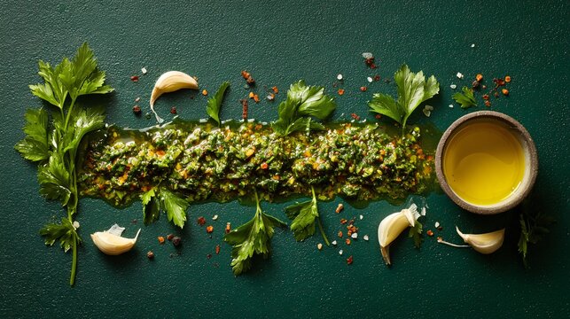 Chimichurri arranged along a zigzag path across frame, guiding eye movement