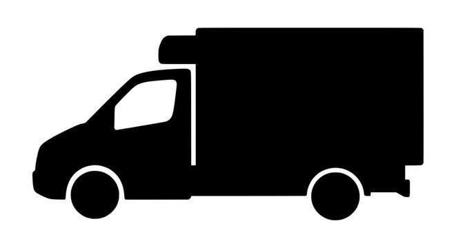 Box truck silhouette in black on white background for delivery and logistics concepts