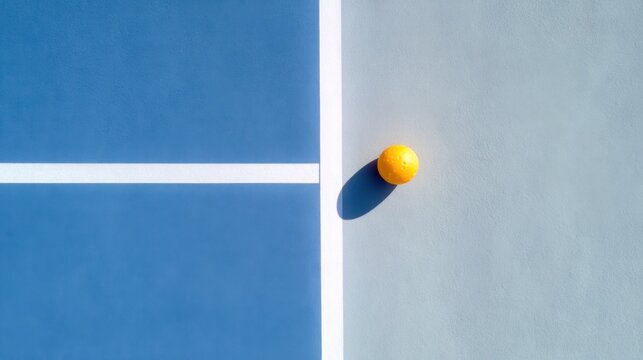 Minimal aerial pickleball court composition with yellow ball on blue and gray lines for sports background, poster and modern design