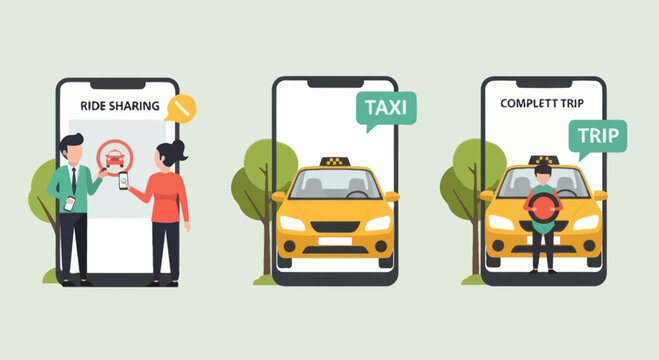 Ride Sharing App Concept: Booking, Taxi, and Trip Completion