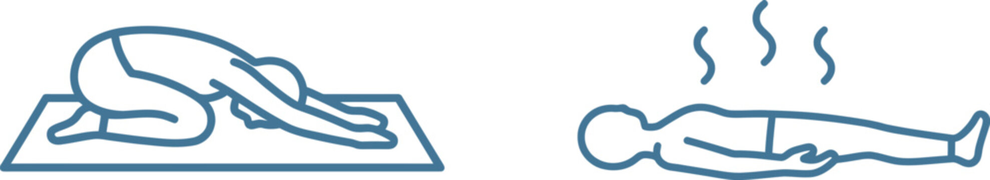 Blue line art illustration featuring a person in child pose on a yoga mat and another lying in savasana relaxation position for health and mental wellness.