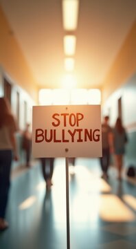 Sign that says stop bullying in a hallway