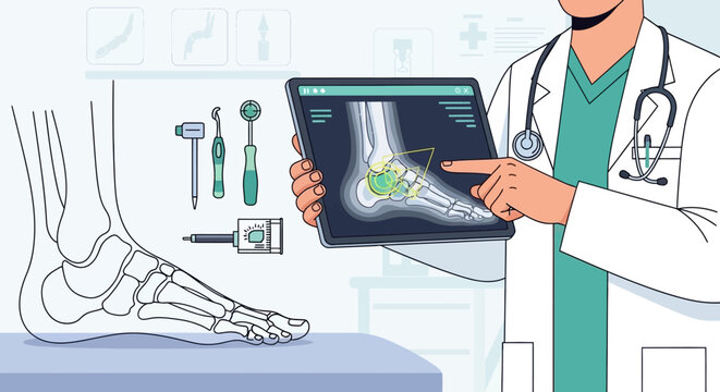 Doctor examining foot x-ray on tablet, orthopedic tools and foot anatomy illustration