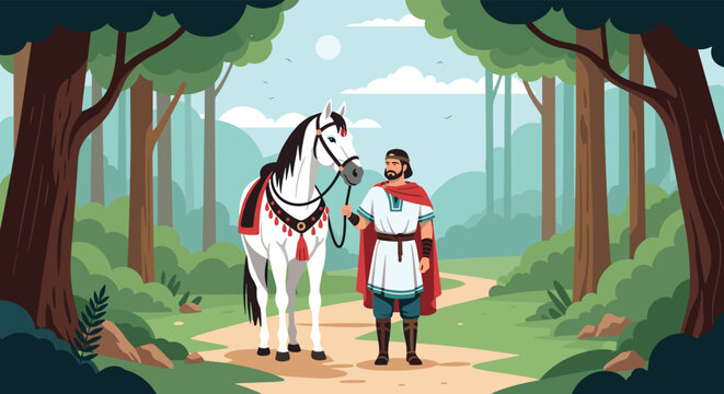 Noble ancient warrior in traditional tunic leading a majestic white horse along a scenic forest path with tall trees.