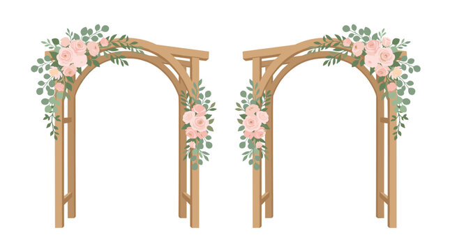 Two matching arched wooden garden gates are displayed side-by-side and decorated with elegant arrangements of blooming pink roses and lush green leaves.