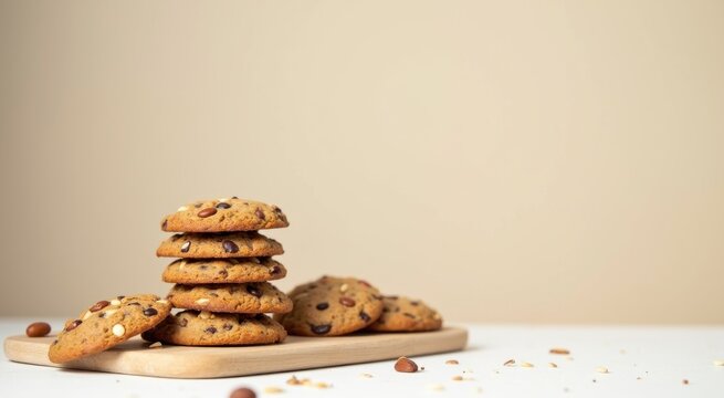 A stack of cookies on a wooden board with nuts