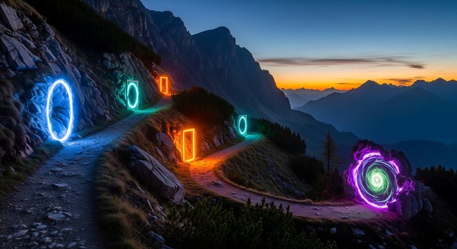 Vibrant neon light trails glowing hypnotic swirling spirals on winding mountain road at sunset dramatic scenic landscape abstract artistic photography colorful futuristic energy patterns against