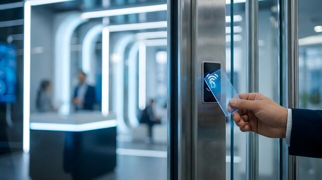 Business person using access card at security scanner in modern office lobby with access control high tech security technology